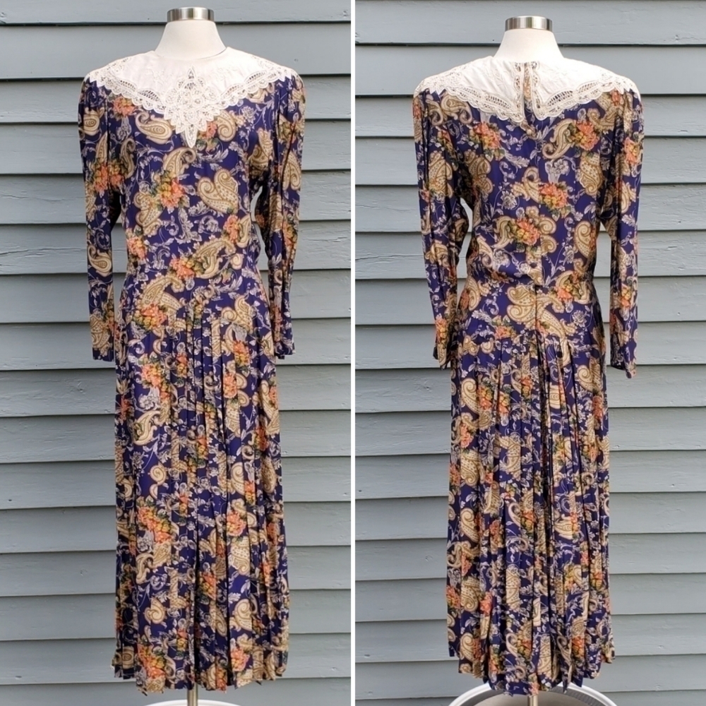 Vintage 80s Retro Blue Paisley Floral Print Cottagecore Victorian Maxi Dress‎ Md